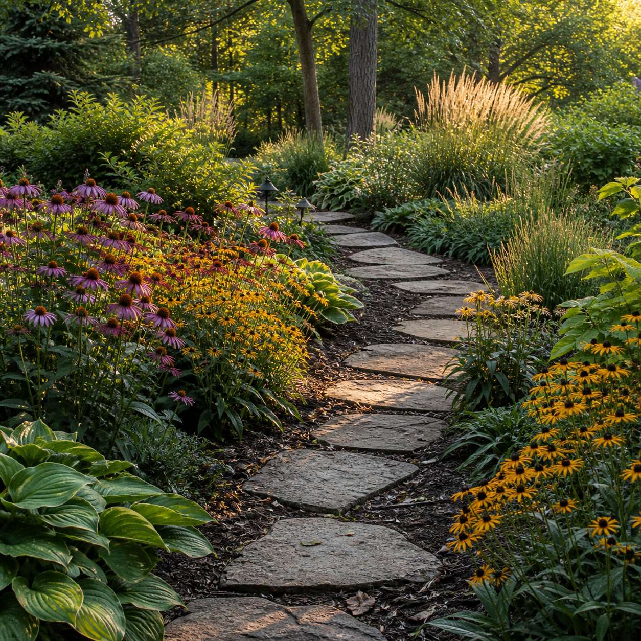 Native Eagan garden with a winding stone pathway at golden hour