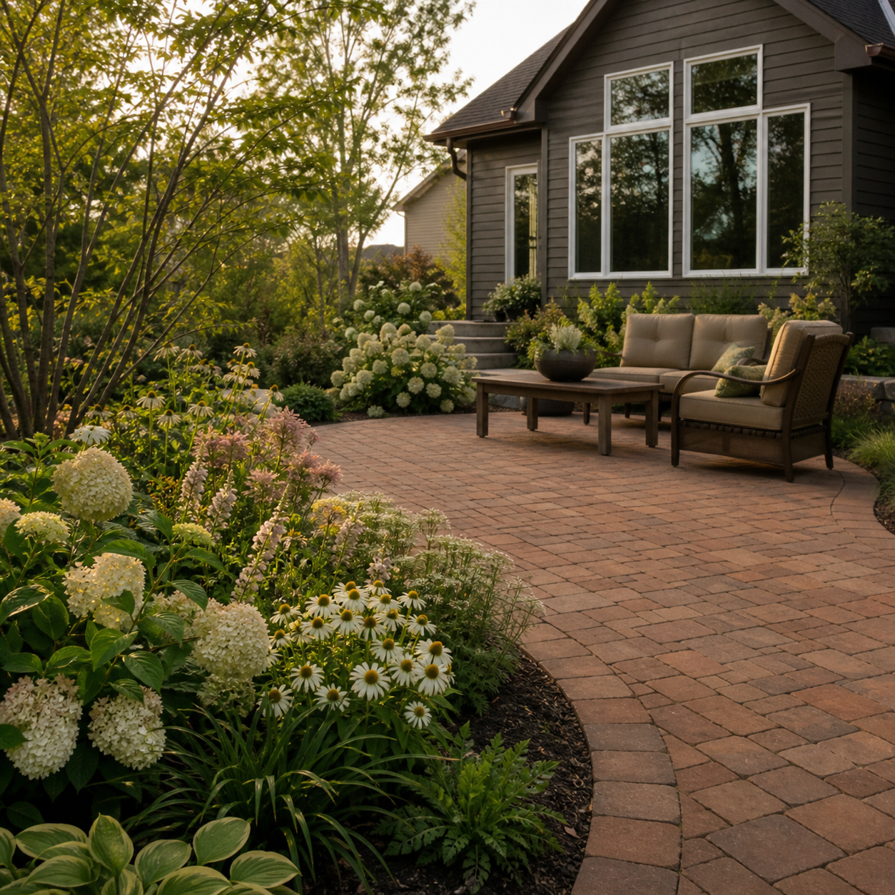 Warm clay-paver patio surrounded by layered perennial gardens
