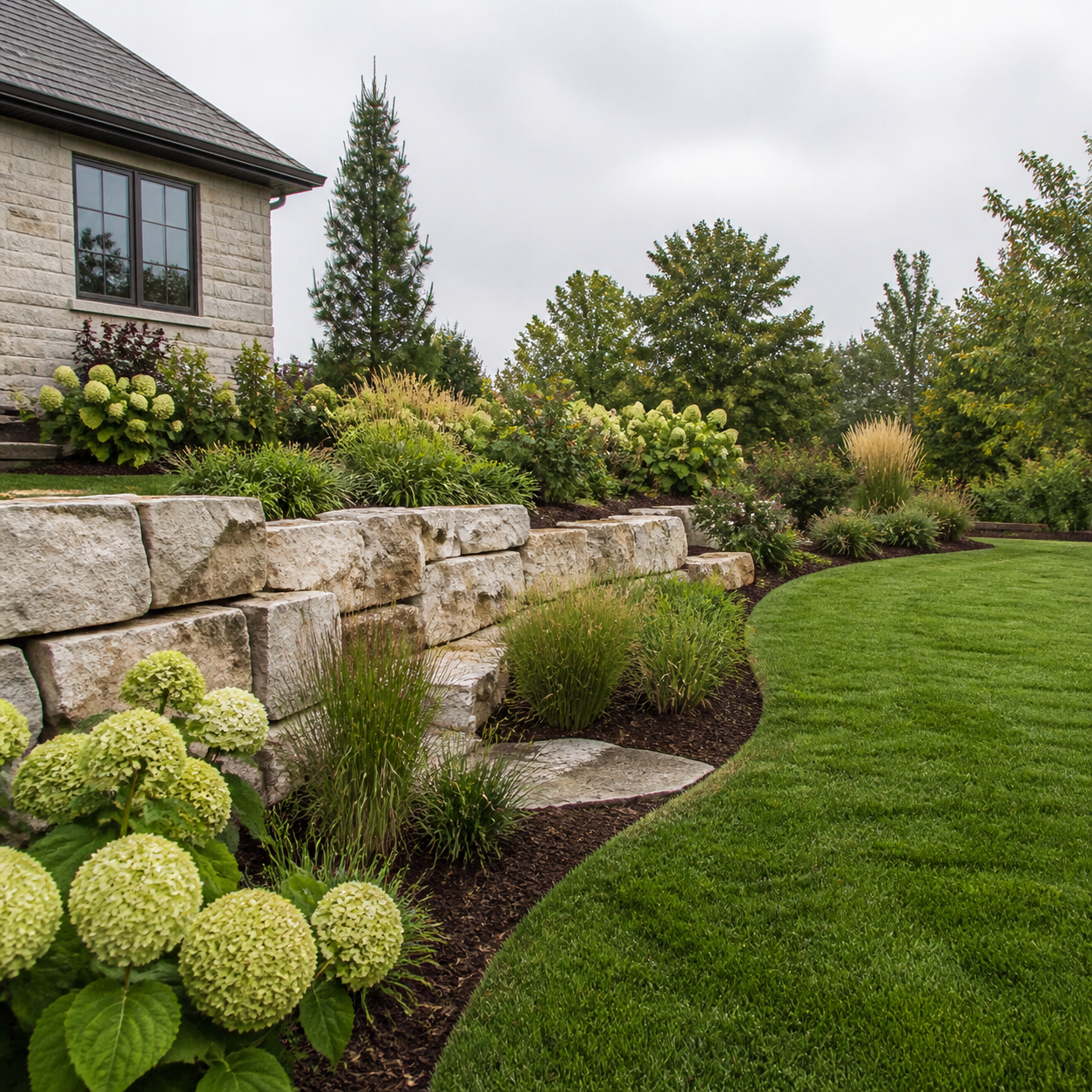 Natural-stone retaining wall with a carefully graded lawn